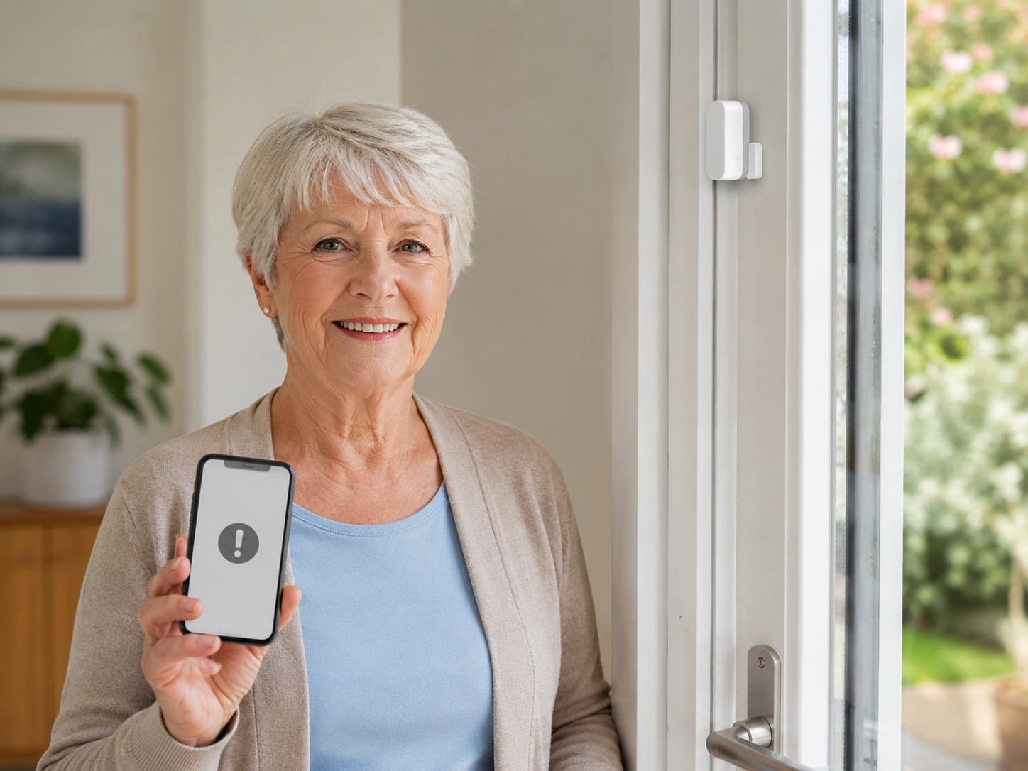 Senior prüft einen Türsensor an der Haustür und erhält eine Smartphone-Benachrichtigung