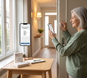 Ältere Person richtet einen Türsensor mit dem Smartphone ein