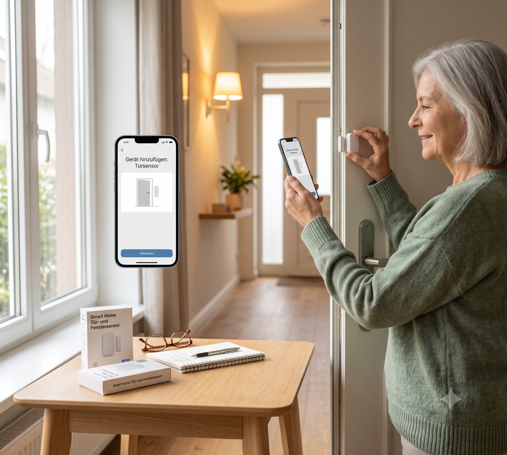 Ältere Person richtet einen Türsensor mit dem Smartphone ein