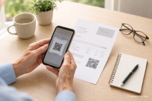 Ältere Hände scannen eine Rechnung mit QR-Code