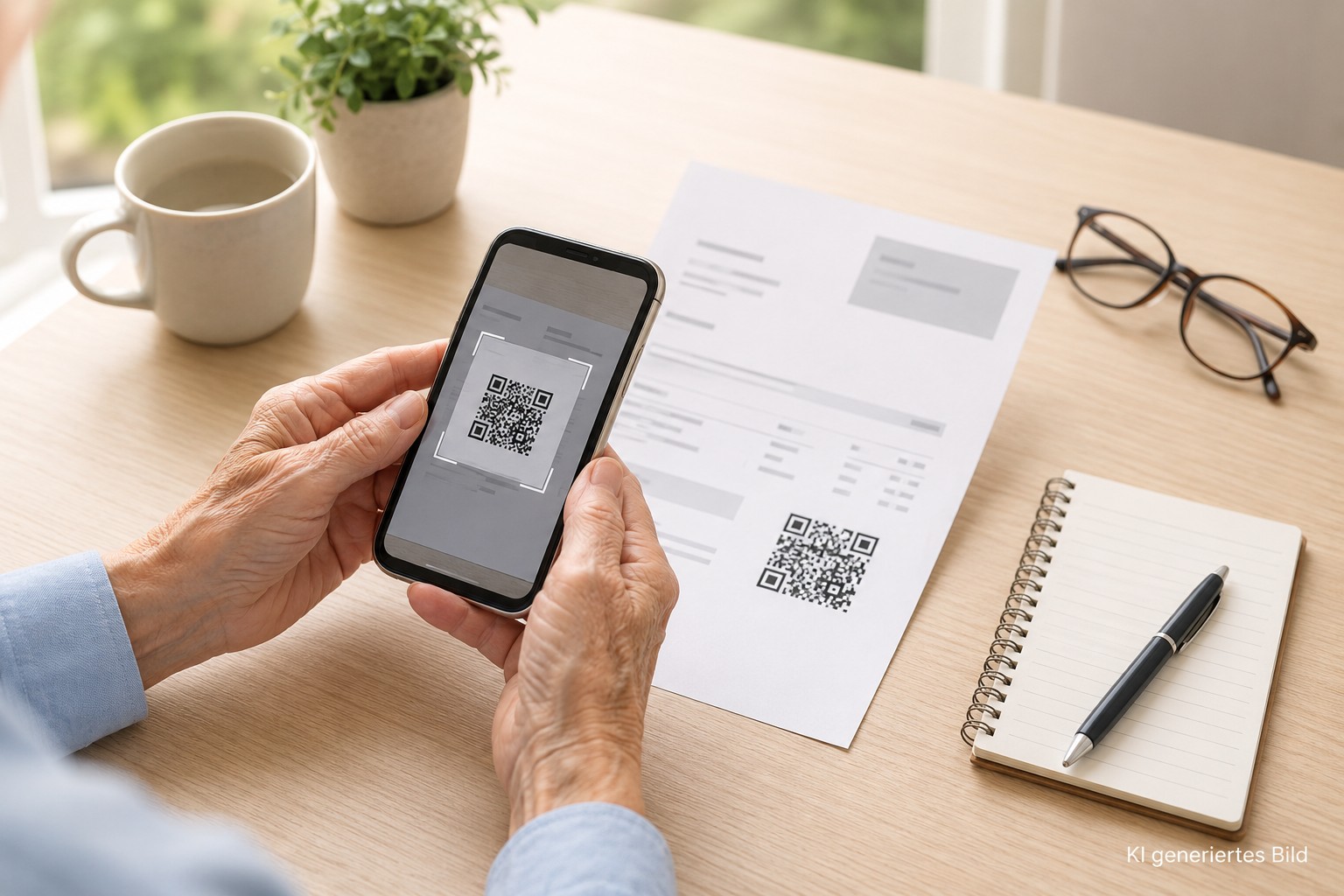 &Auml;ltere H&auml;nde scannen eine Rechnung mit QR-Code