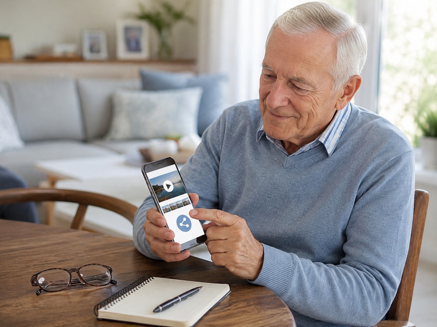 Senior versendet ein Video per Smartphone an Familie oder Freunde