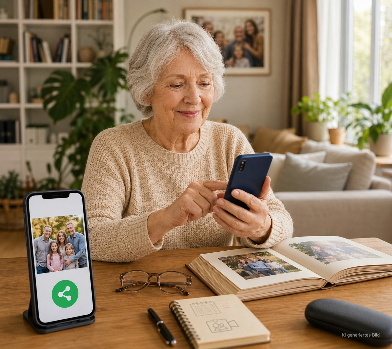 &Auml;ltere Person teilt ein Video mit dem Smartphone