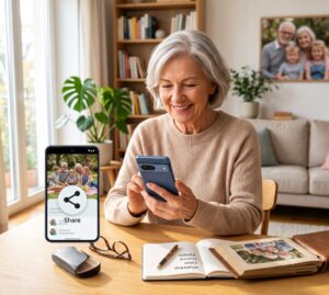 Ältere Person teilt ein Video mit dem Smartphone