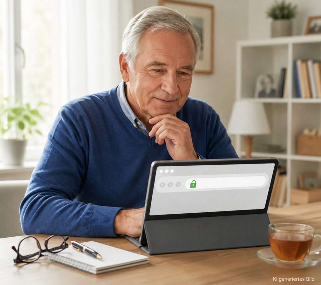 Senior prüft das Schloss-Symbol im Browser