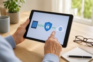 Ältere Hände informieren sich über VPN und Internetsicherheit