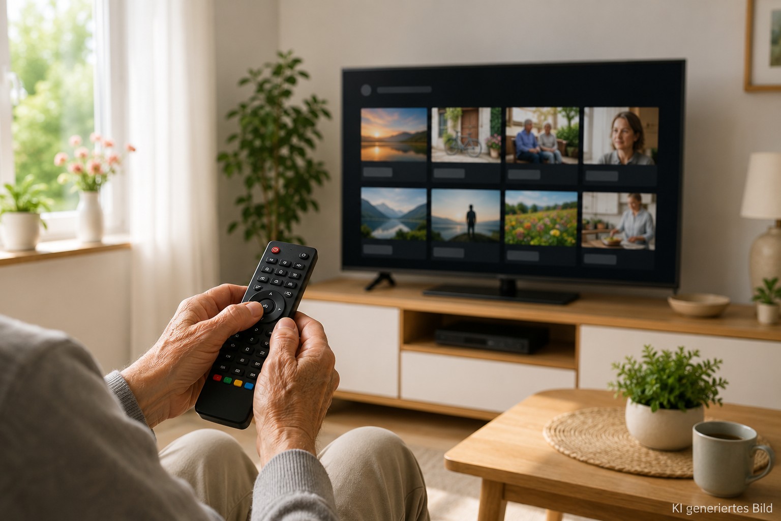 &Auml;ltere H&auml;nde &ouml;ffnen eine Mediathek am Fernseher