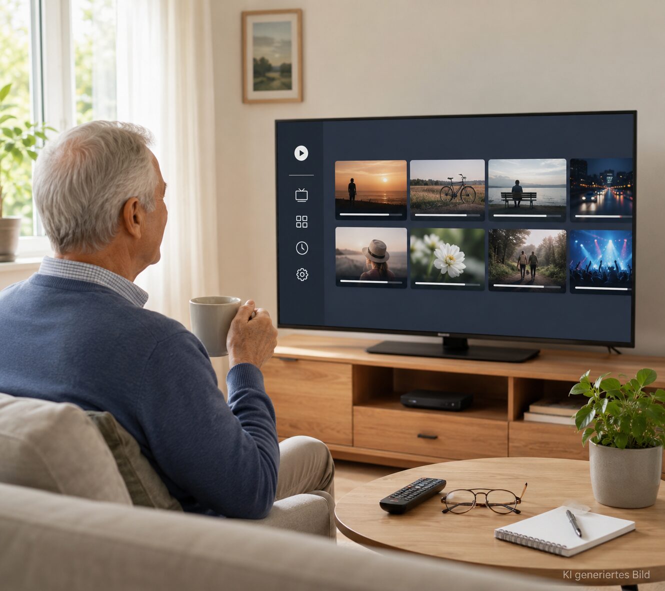 Senior nutzt eine Mediathek auf dem Fernseher