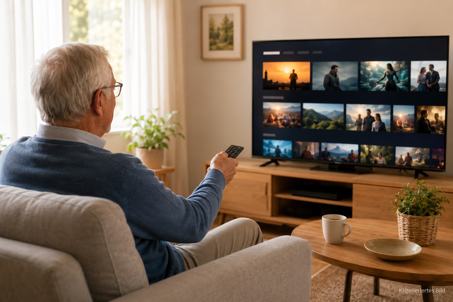 &Auml;ltere Person nutzt Streaming am Fernseher