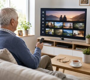 Senior schaut Streaming auf dem Fernseher im Wohnzimmer