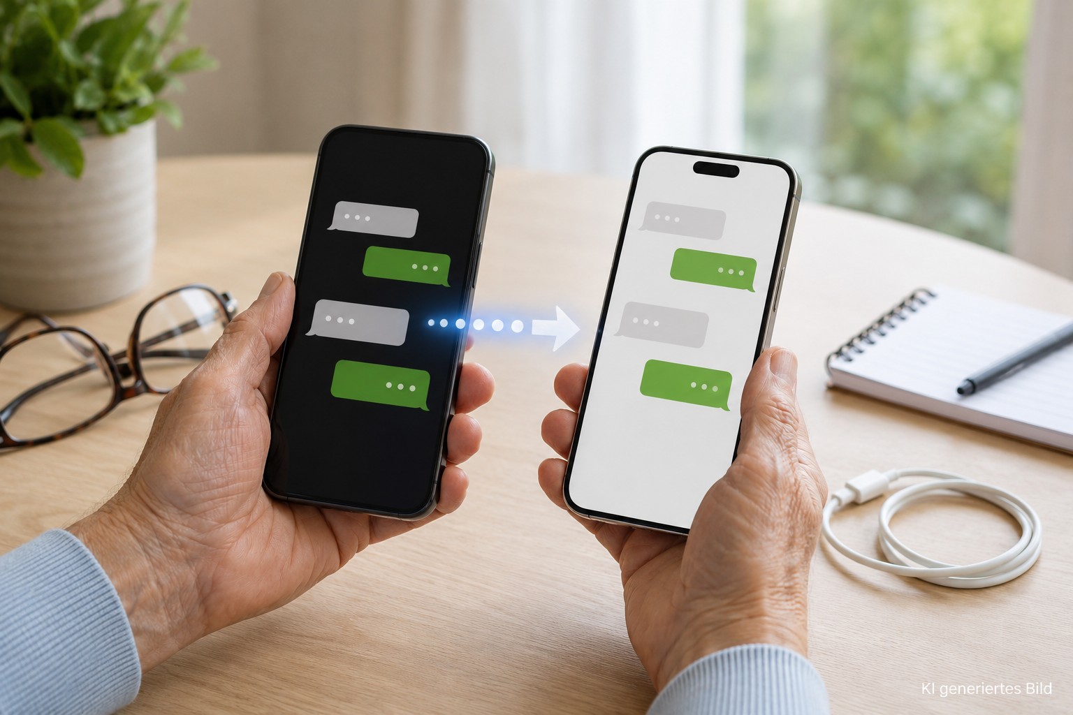 &Auml;ltere H&auml;nde &uuml;bertragen WhatsApp-Chats auf ein neues Smartphone