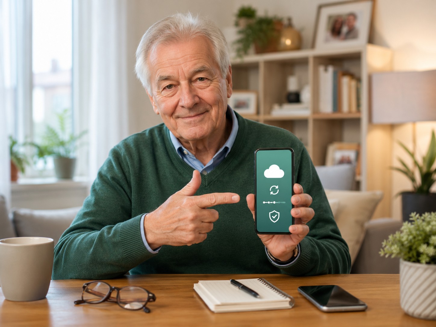 Senior sichert WhatsApp Chats und Bilder per Backup auf dem Smartphone