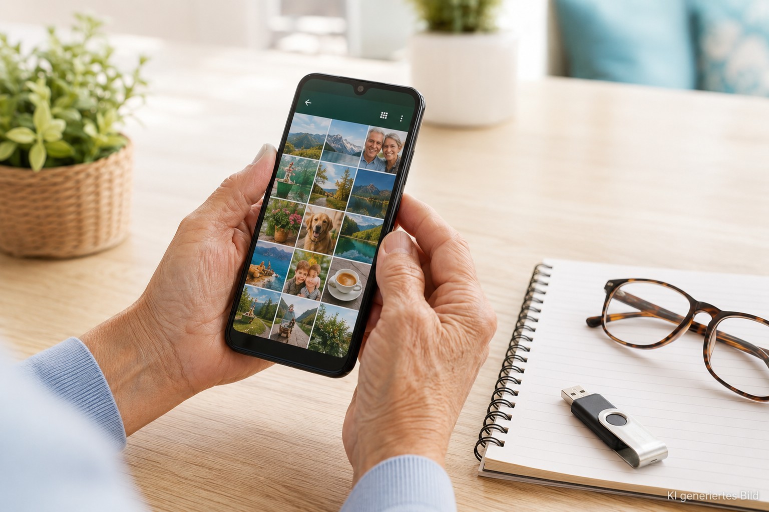 &Auml;ltere H&auml;nde speichern WhatsApp-Bilder auf dem Smartphone