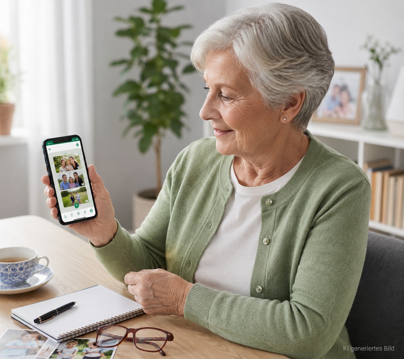 Senior betrachtet WhatsApp-Bilder auf dem Smartphone