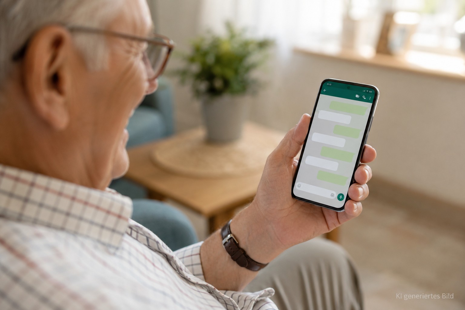 Senior hält ein Smartphone mit geöffnetem WhatsApp-Chat in der Hand