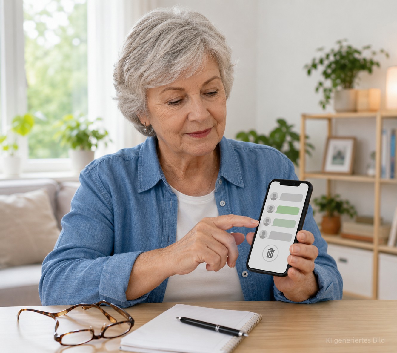 Senior l&ouml;scht einen WhatsApp-Chat auf dem Smartphone
