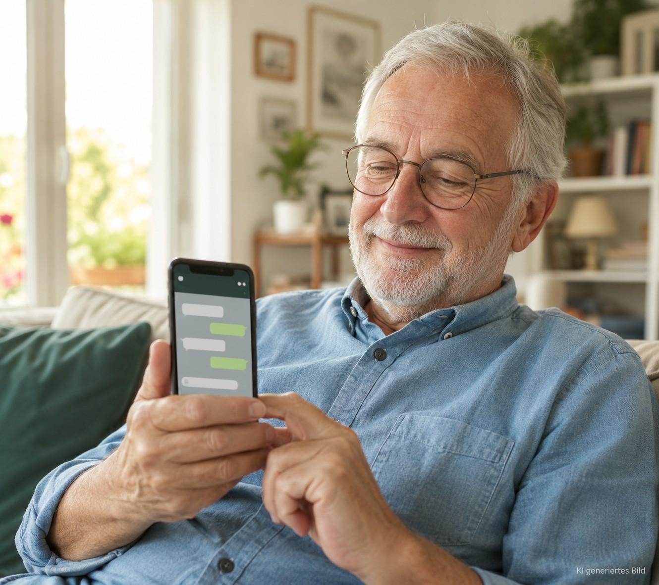 Ältere Person schaut lächelnd auf ihr Smartphone und liest eine WhatsApp-Nachricht