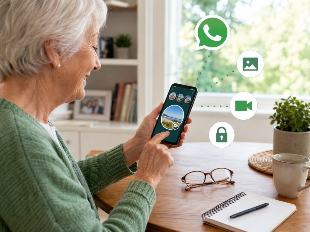 Senior erstellt einen WhatsApp Status mit Foto oder Video auf dem Smartphone