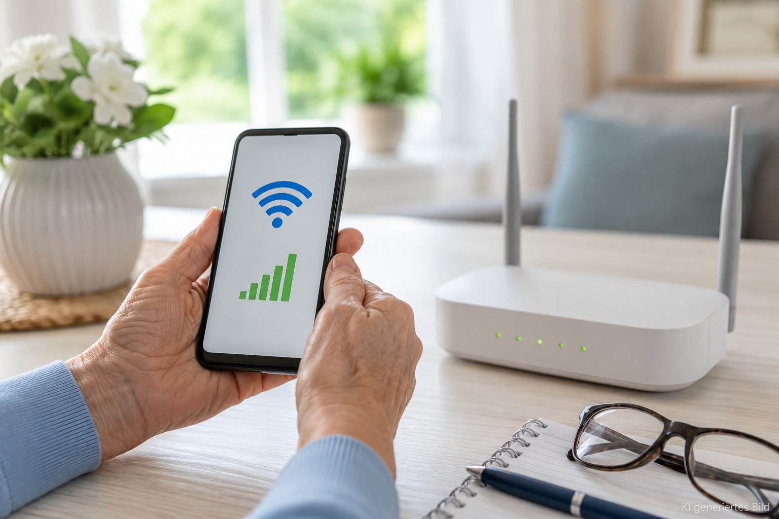 &Auml;ltere H&auml;nde pr&uuml;fen WLAN und mobile Daten auf dem Smartphone