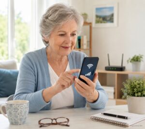 Senior vergleicht WLAN und mobile Daten am Smartphone