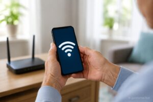 Ältere Hände sehen das WLAN-Symbol auf dem Smartphone