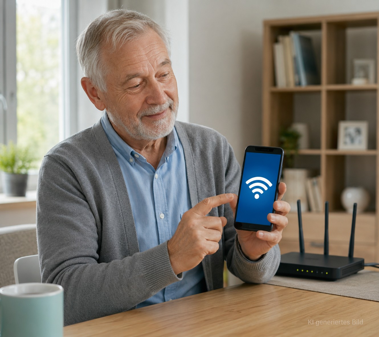 Senior schaut auf das WLAN-Symbol am Smartphone