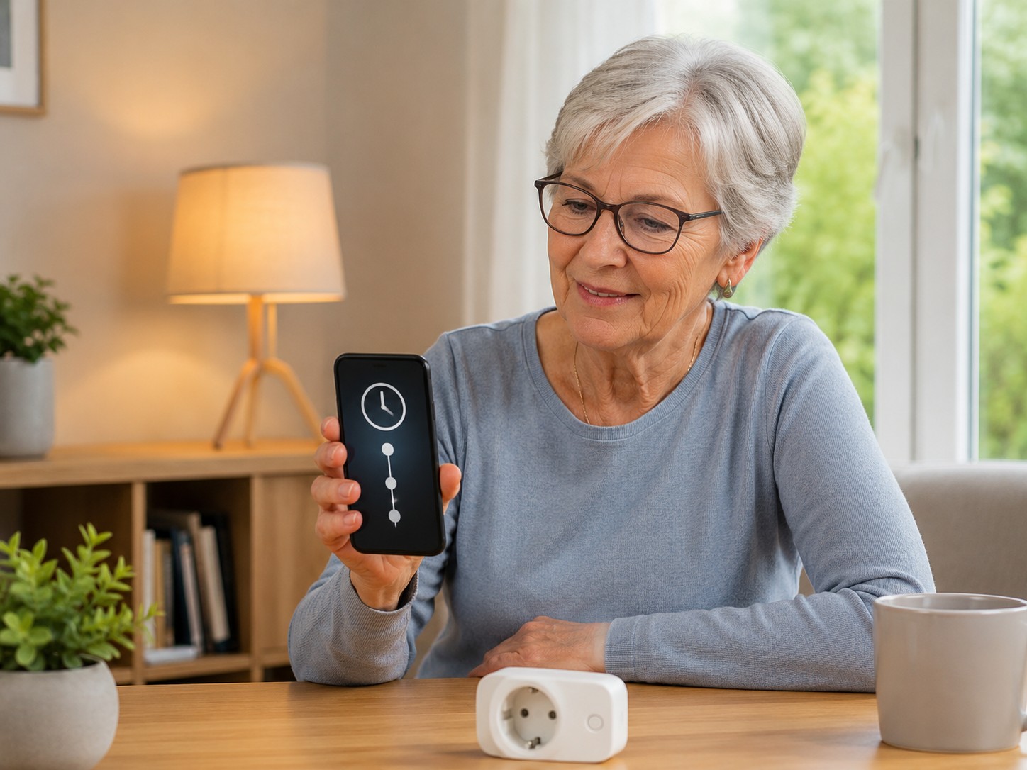 Senior richtet per Smartphone eine Zeitschaltung für eine smarte Steckdose und Lampe ein