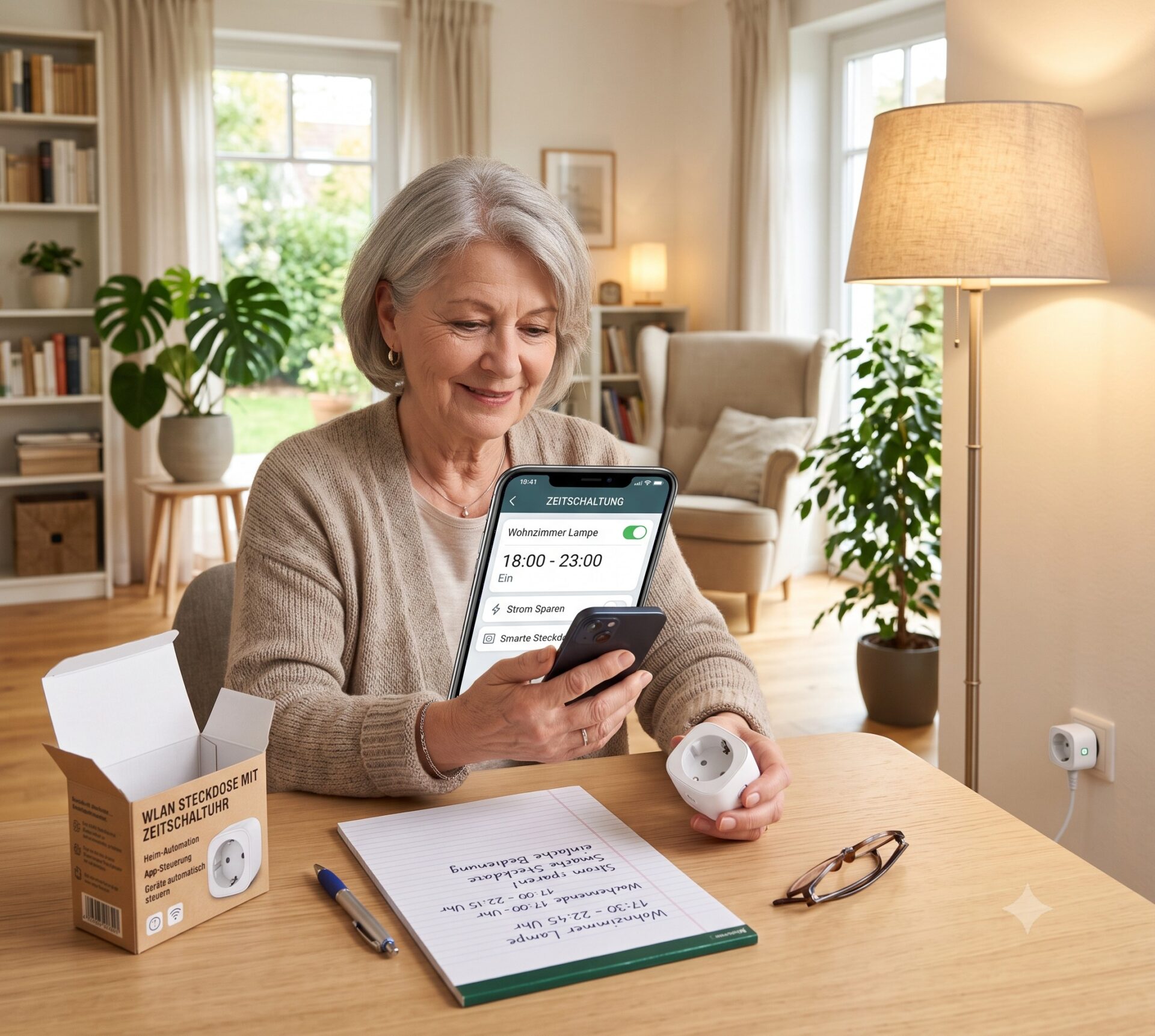 Ältere Person erstellt eine Zeitschaltung für eine smarte Steckdose mit dem Smartphone