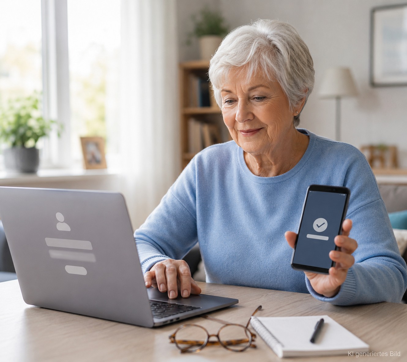 Senior nutzt Zwei-Faktor-Authentifizierung mit Laptop und Smartphone