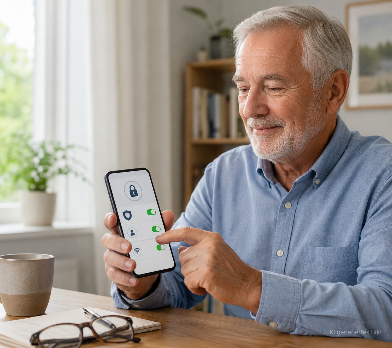 &Auml;ltere Person pr&uuml;ft wichtige Sicherheitseinstellungen an einem Smartphone